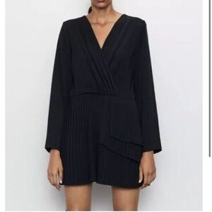 Zara long‎ sleeve faux wrap pleated romper